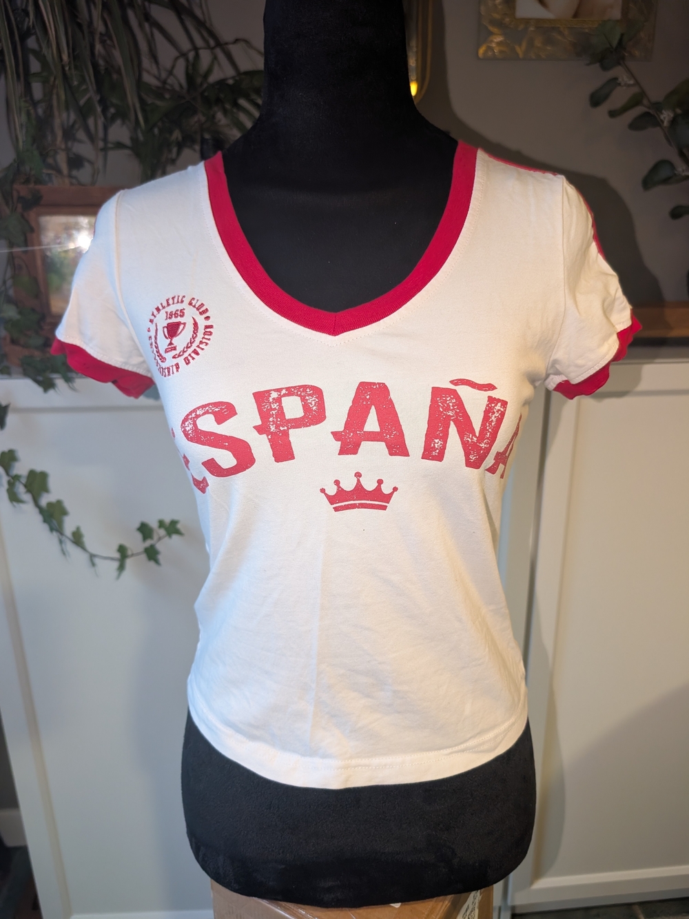 White V Neck Spain Graphic Tee with Red Trim